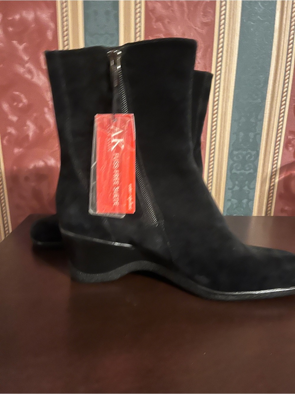 AK Anne Klein Black Suede Ankle Bootie Side Zip Wedge Scotchgard Women's 8.5M